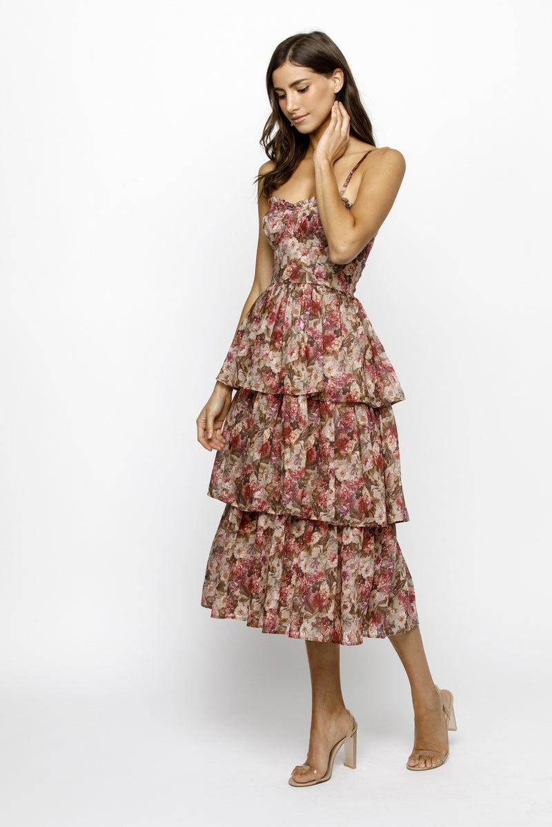 Scottie Tiered Ruffle Dress, Beige/Pink Floral