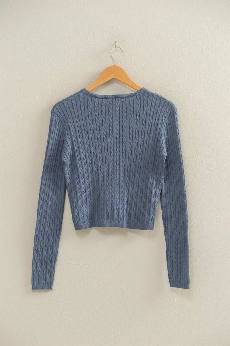 Iris Cable Knit Cropped Cardigan, Dusty Navy North & Main Clothing Company Iris Cable Knit Cropped Cardigan, Dusty Navy North & Main Clothing Company