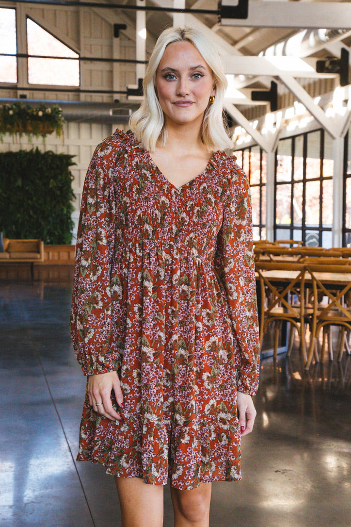 Myra Floral Smocked Bodice Dress, Rust
