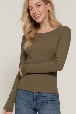 Elowyn Double Layer Rib Knit Tee, Army Olive
