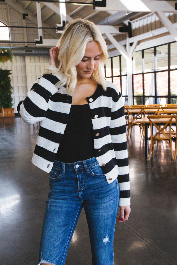 Calliope Stripe Button Down Sweater Crop Jacket, Black