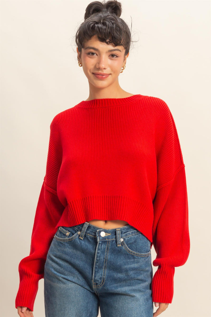 Camila Round Neck Cropped Sweater, Red