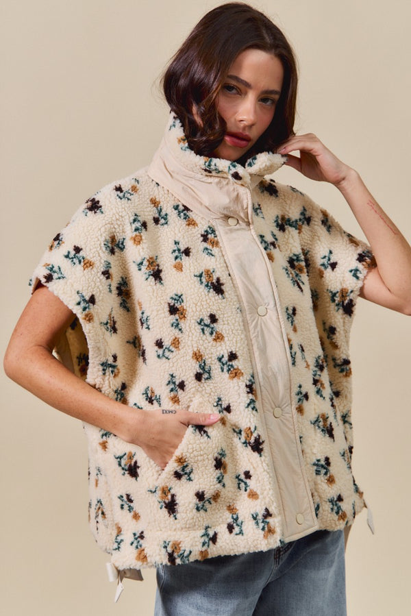 Naomi Floral Oversized Sherpa Vest, Ivory Multi
