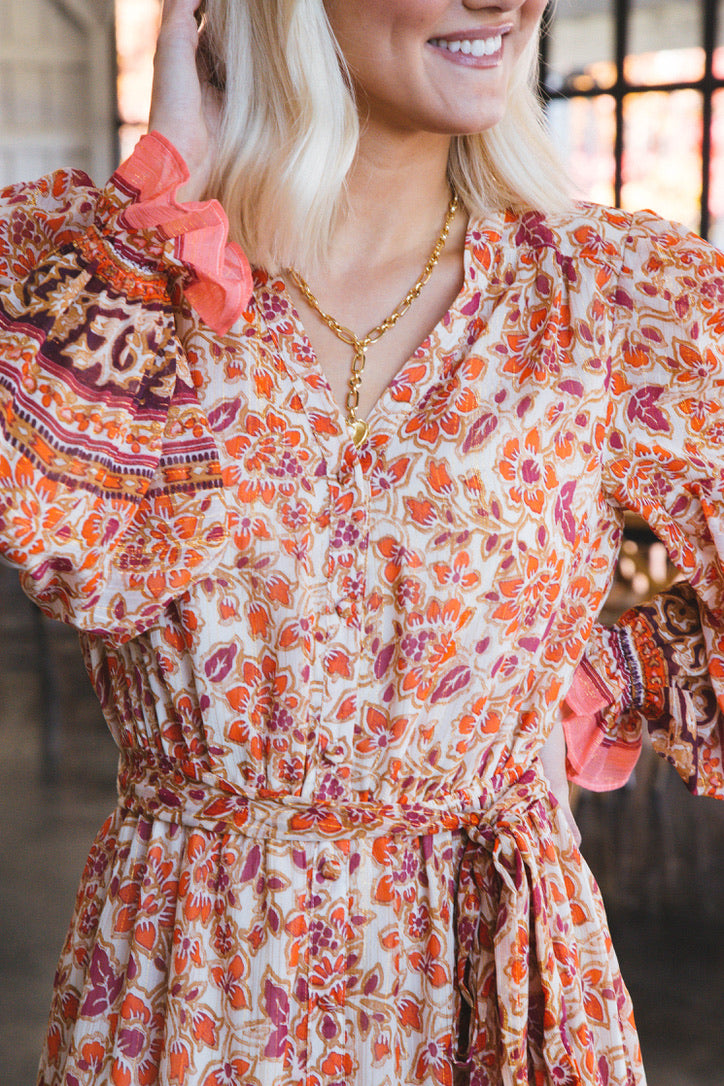 Lata Border Print Maxi Dress, Ivory/Orange
