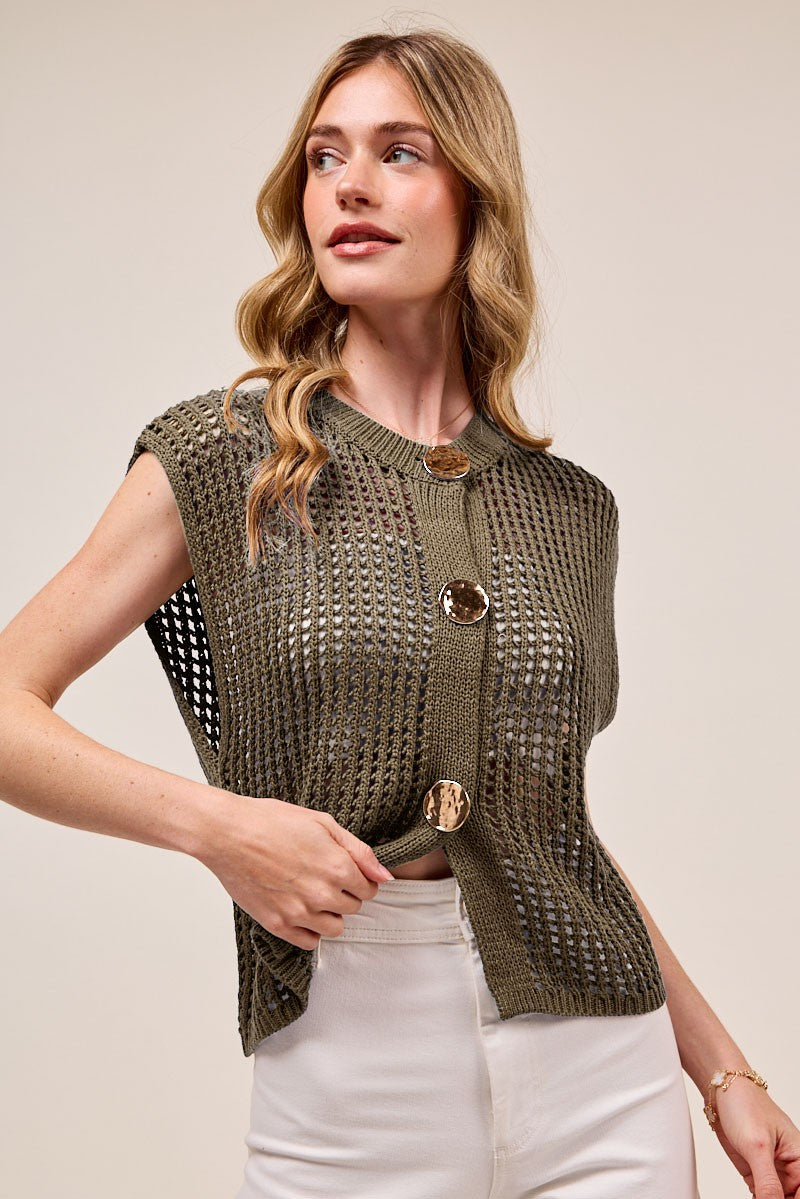 Leah Big Metal Button Sweater Vest, Mocha