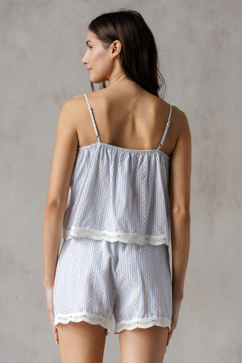 Sofia Floral Pinstripe Lace Hem Shorts, Blue/White/Orange