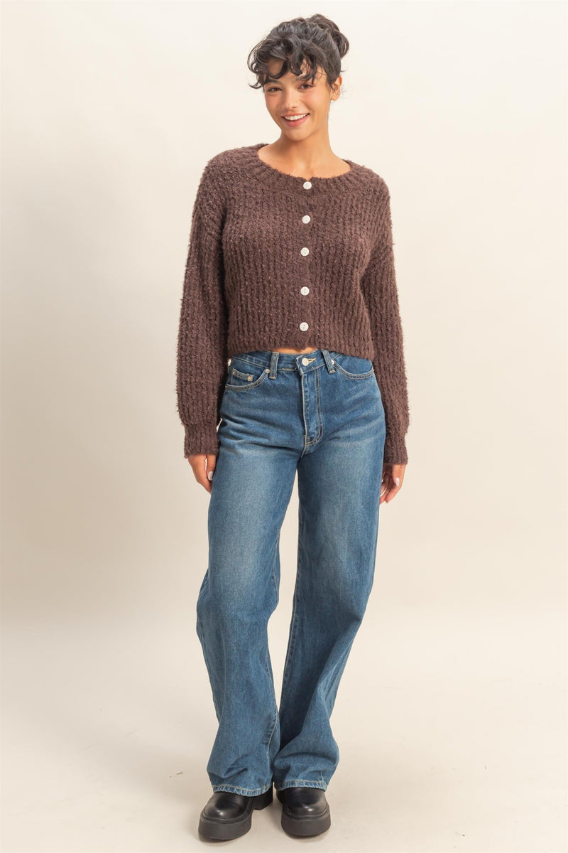 Emberly Fluffy Knit Cardigan, Chestnut