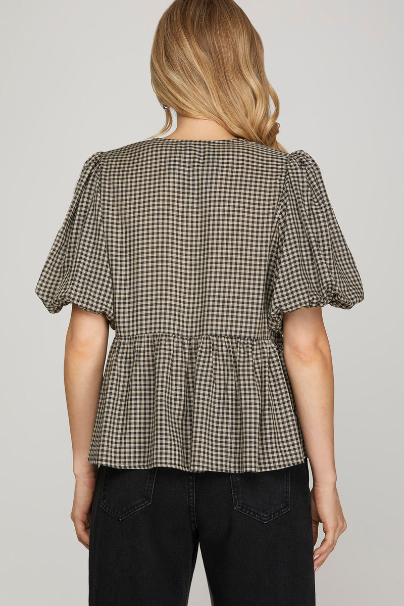 Riley Gingham Bow Tie Babydoll Top, Black