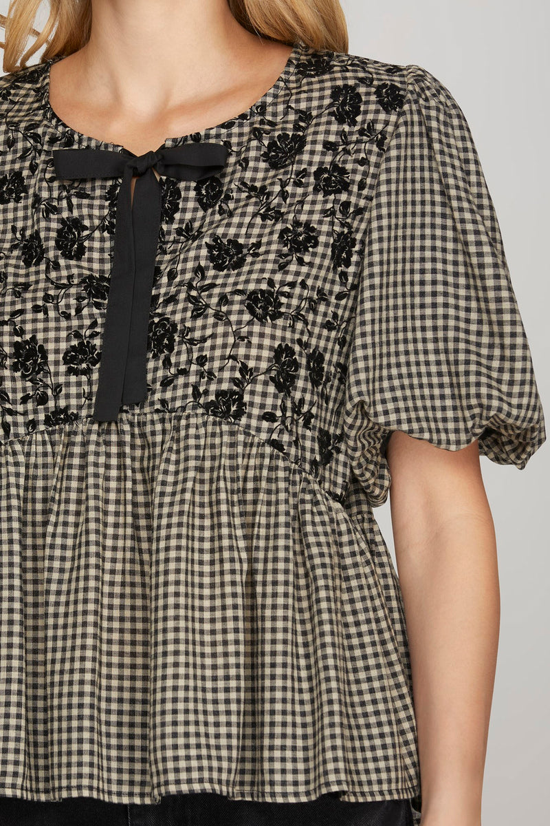 Riley Gingham Bow Tie Babydoll Top, Black