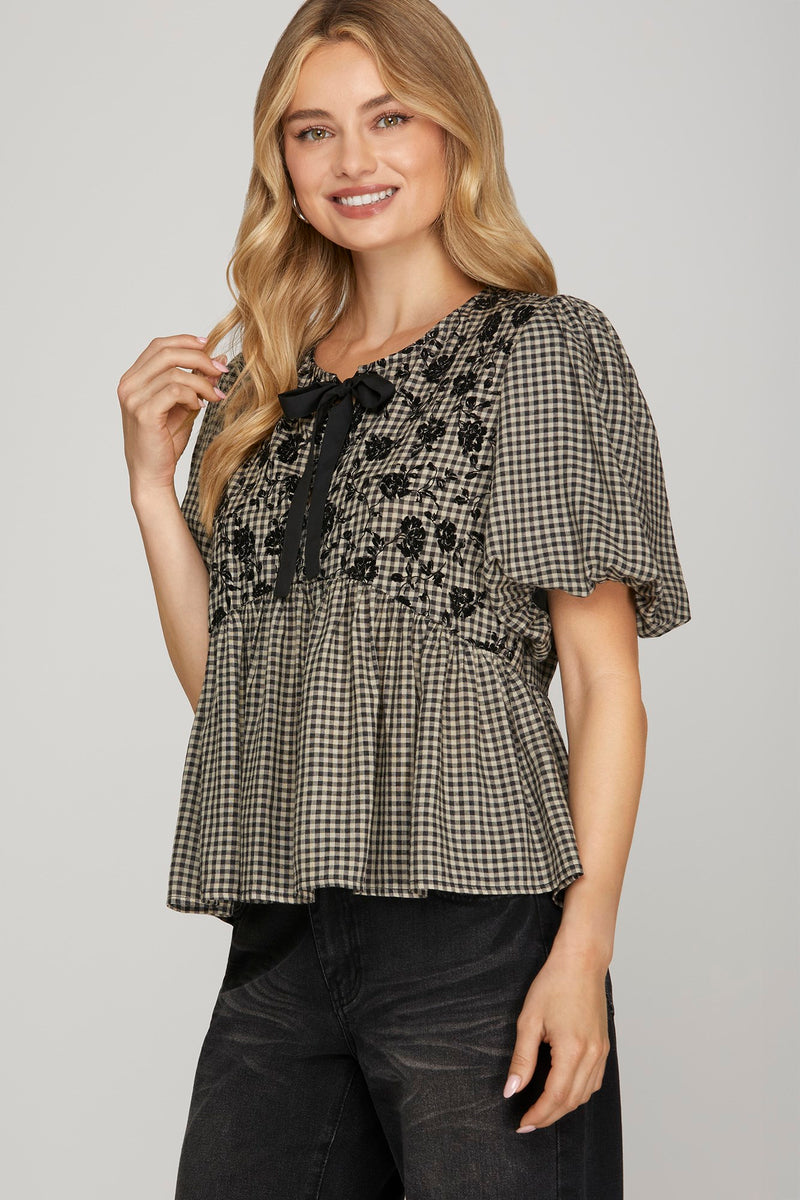 Riley Gingham Bow Tie Babydoll Top, Black