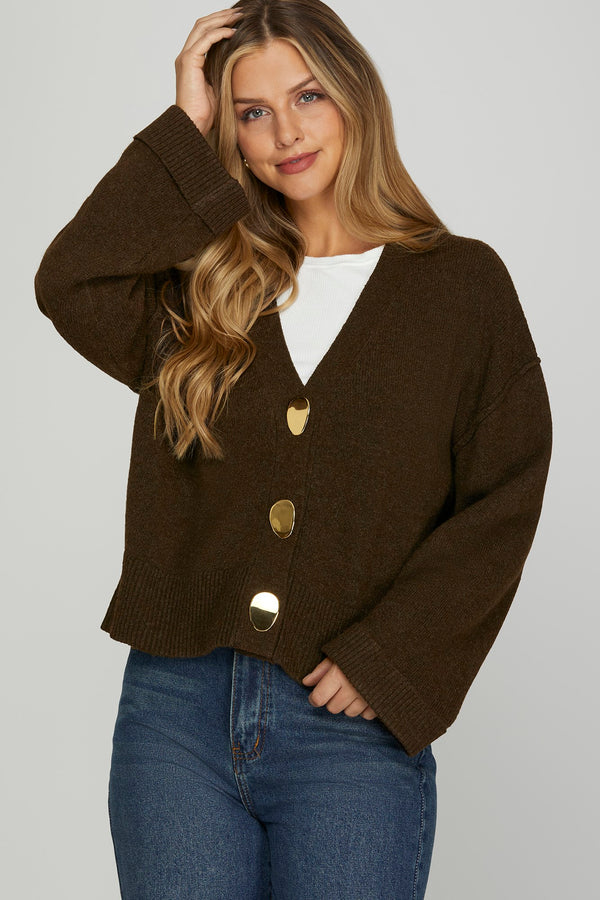Grace Metal Button Down Cardigan, Brown