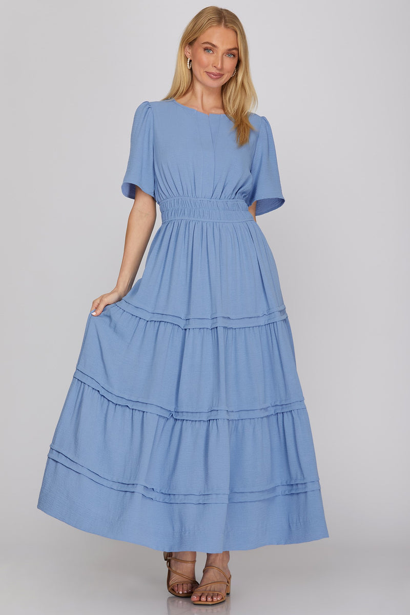 periwinkle midi dress FINAL SALE Fitted waist boasts a chunky removable belt Aubriana Tiered Midi Dress, Periwinkle