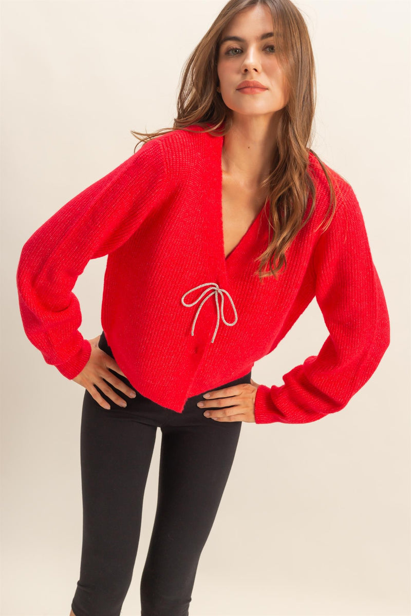 Marie Sparkly Bow Cardigan, Red