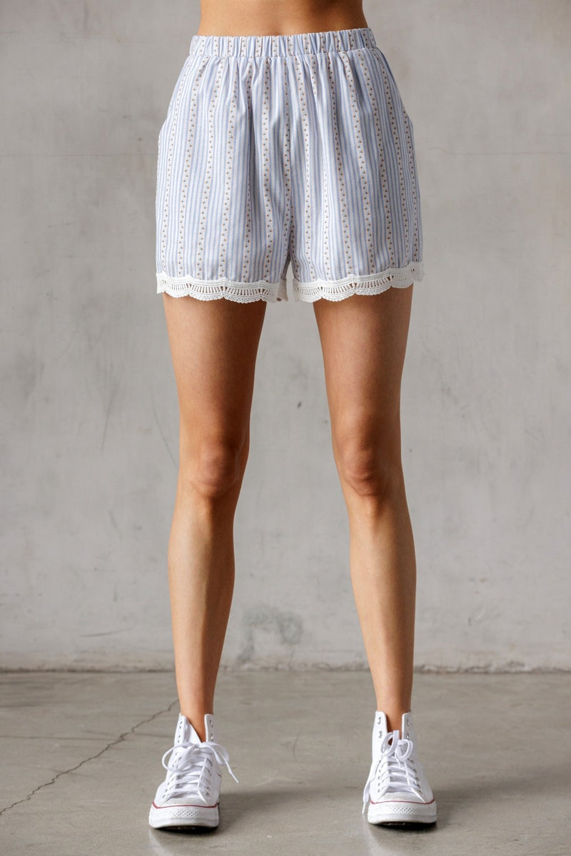 Sofia Floral Pinstripe Lace Hem Shorts, Blue/White/Orange