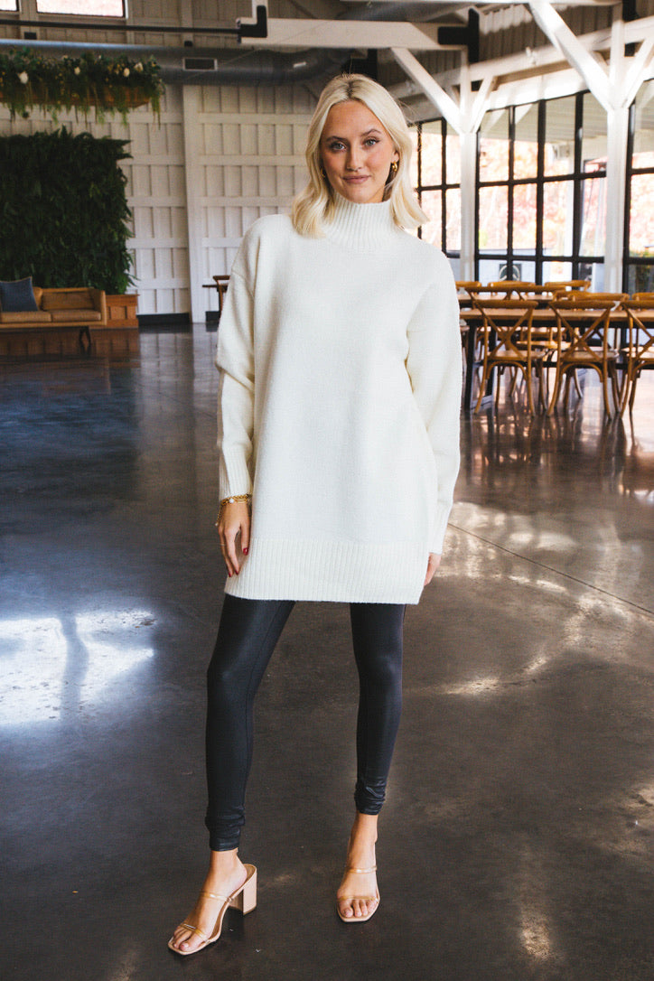 Manning Mock Neck Sweater Dress, Cream