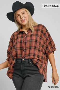 Kaia Button Down Plaid Top, Rosewood | Plus Size