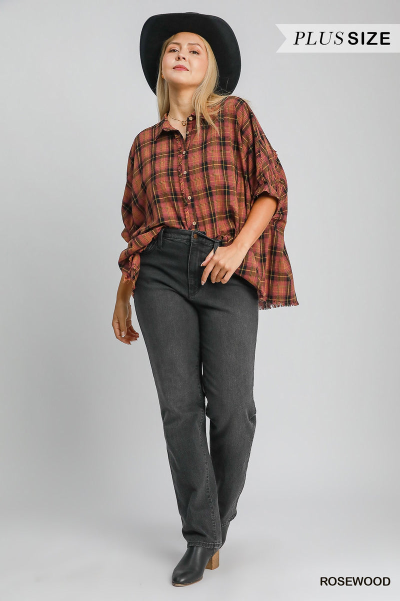Kaia Button Down Plaid Top, Rosewood | Plus Size