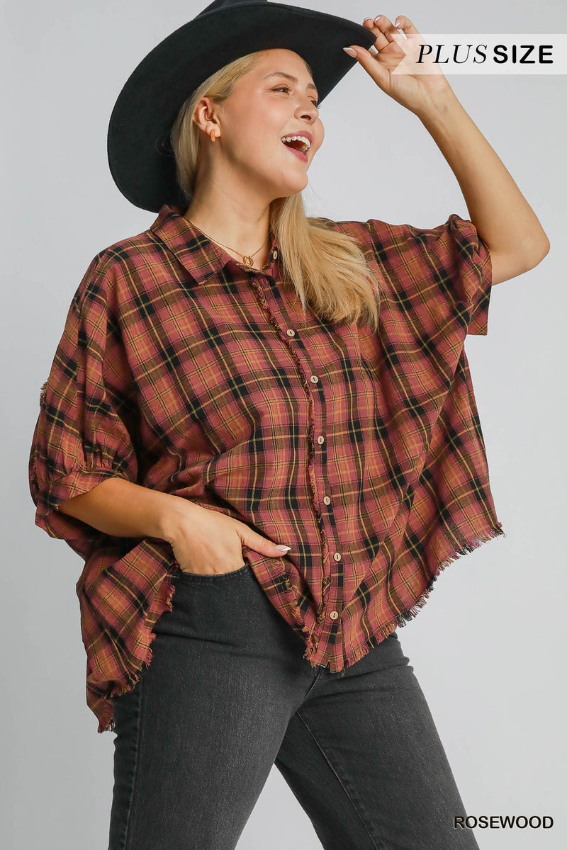 Kaia Button Down Plaid Top, Rosewood | Plus Size