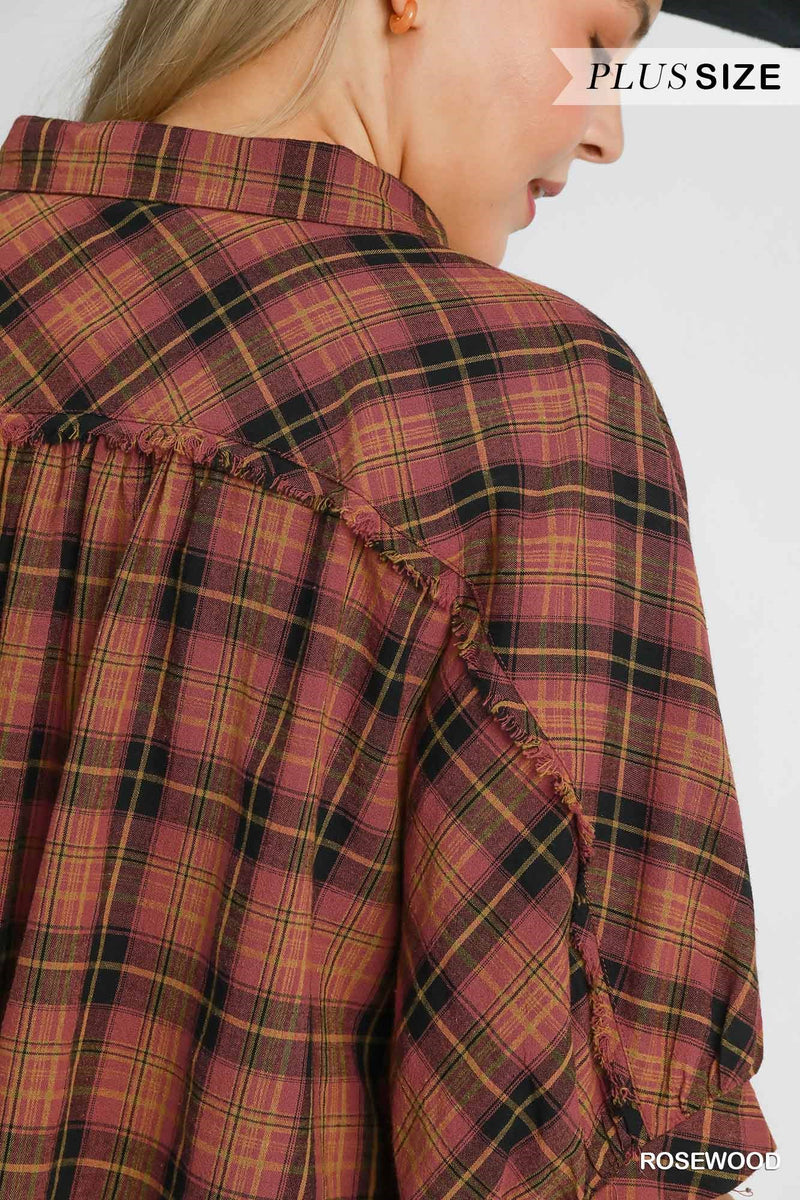 Kaia Button Down Plaid Top, Rosewood | Plus Size