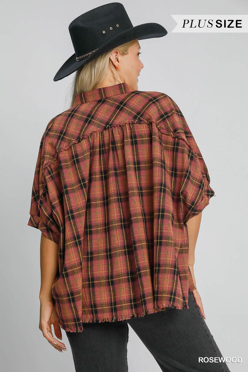 Kaia Button Down Plaid Top, Rosewood | Plus Size