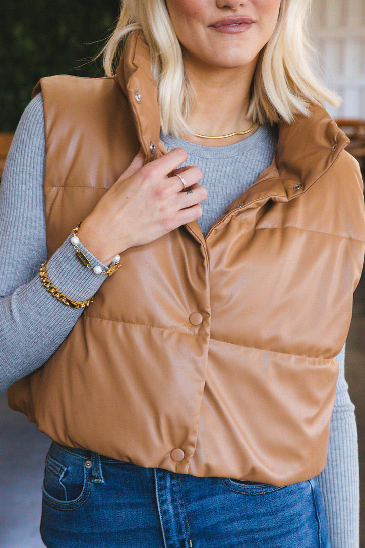 Vivian Faux Leather Cropped Puffer Vest, Camel