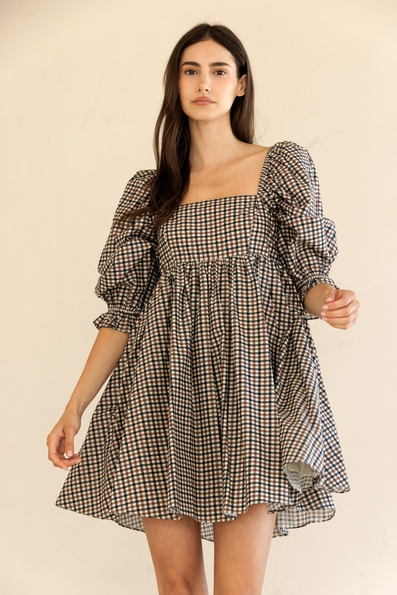 Rumi Square Neck Plaid Mini Dress, Navy/Brown