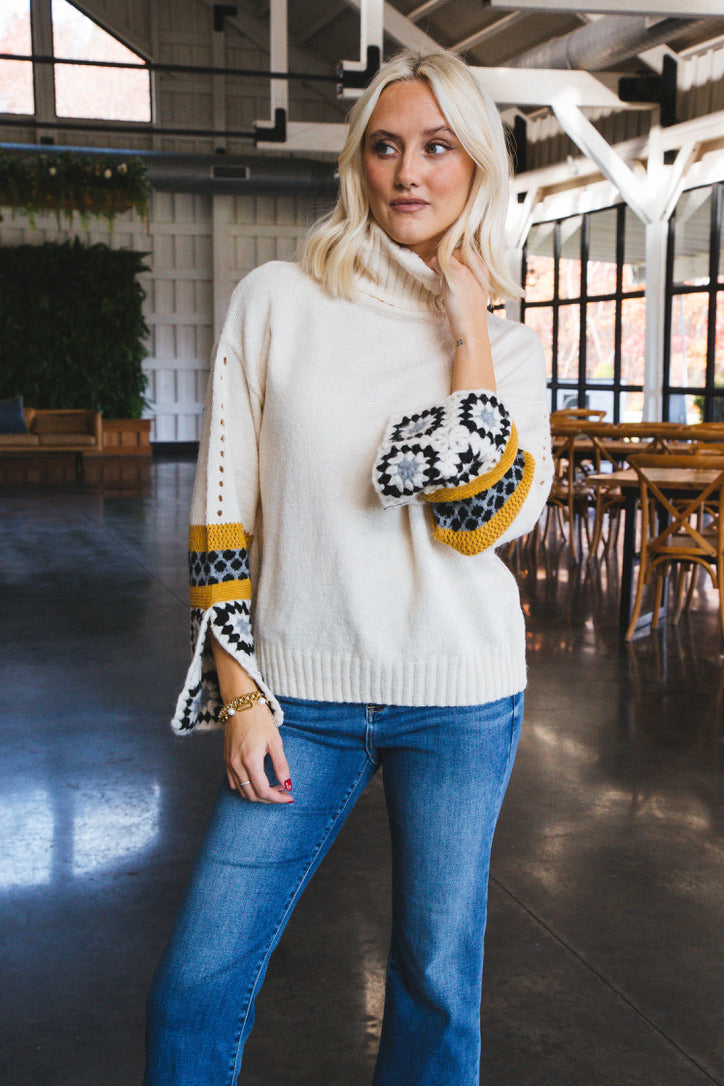 Lina Crochet Sleeve Turtleneck Sweater, Ivory