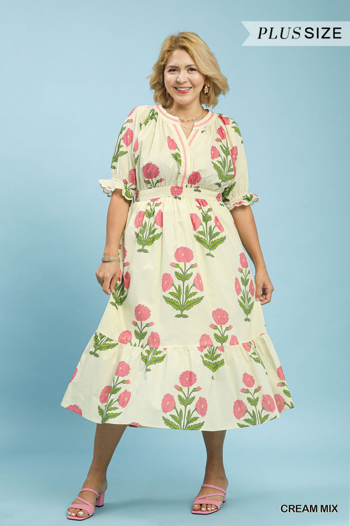 Amelia Floral Midi Dress, Cream Mix