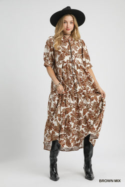 Annie Printed Button Neck Midi Dress, Brown Mix