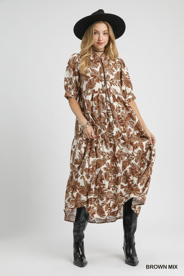 Annie Printed Button Neck Midi Dress, Brown Mix