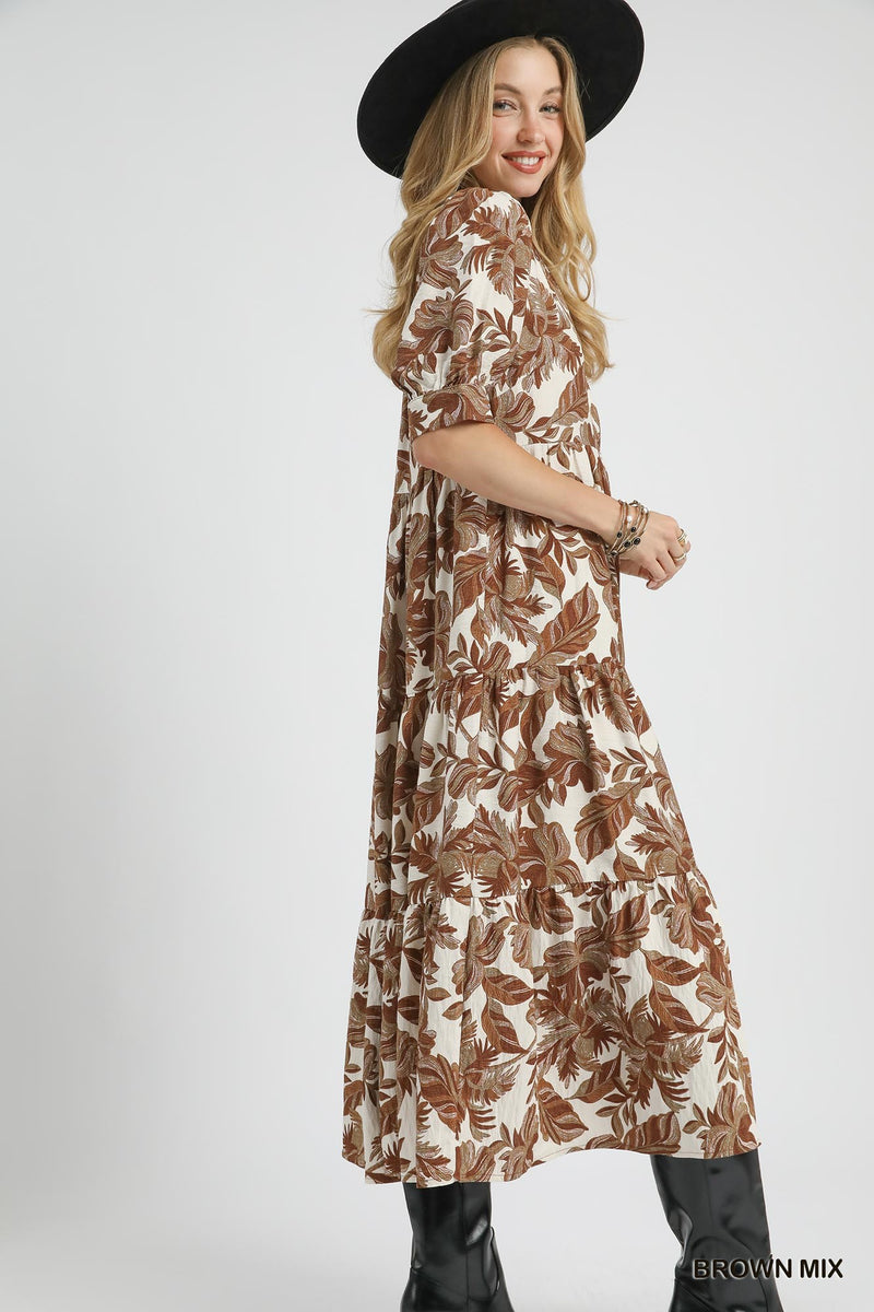 Annie Printed Button Neck Midi Dress, Brown Mix