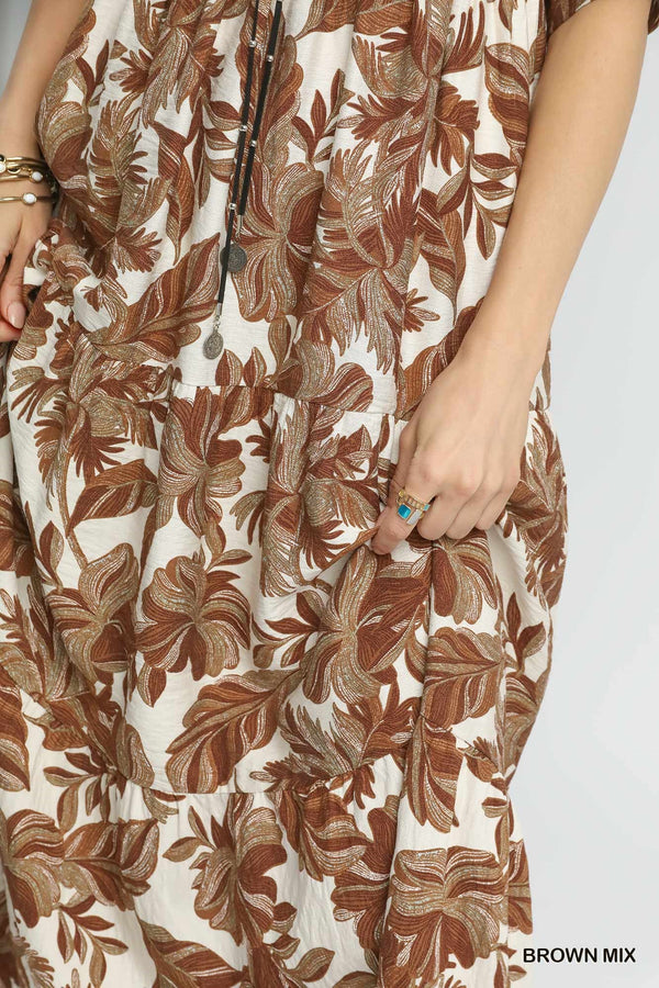 Annie Printed Button Neck Midi Dress, Brown Mix