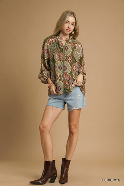Jenna Button Down Blouse, Olive Mix