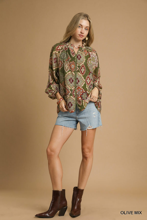 Jenna Button Down Blouse, Olive Mix