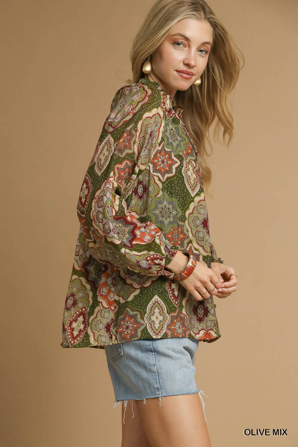 Jenna Button Down Blouse, Olive Mix