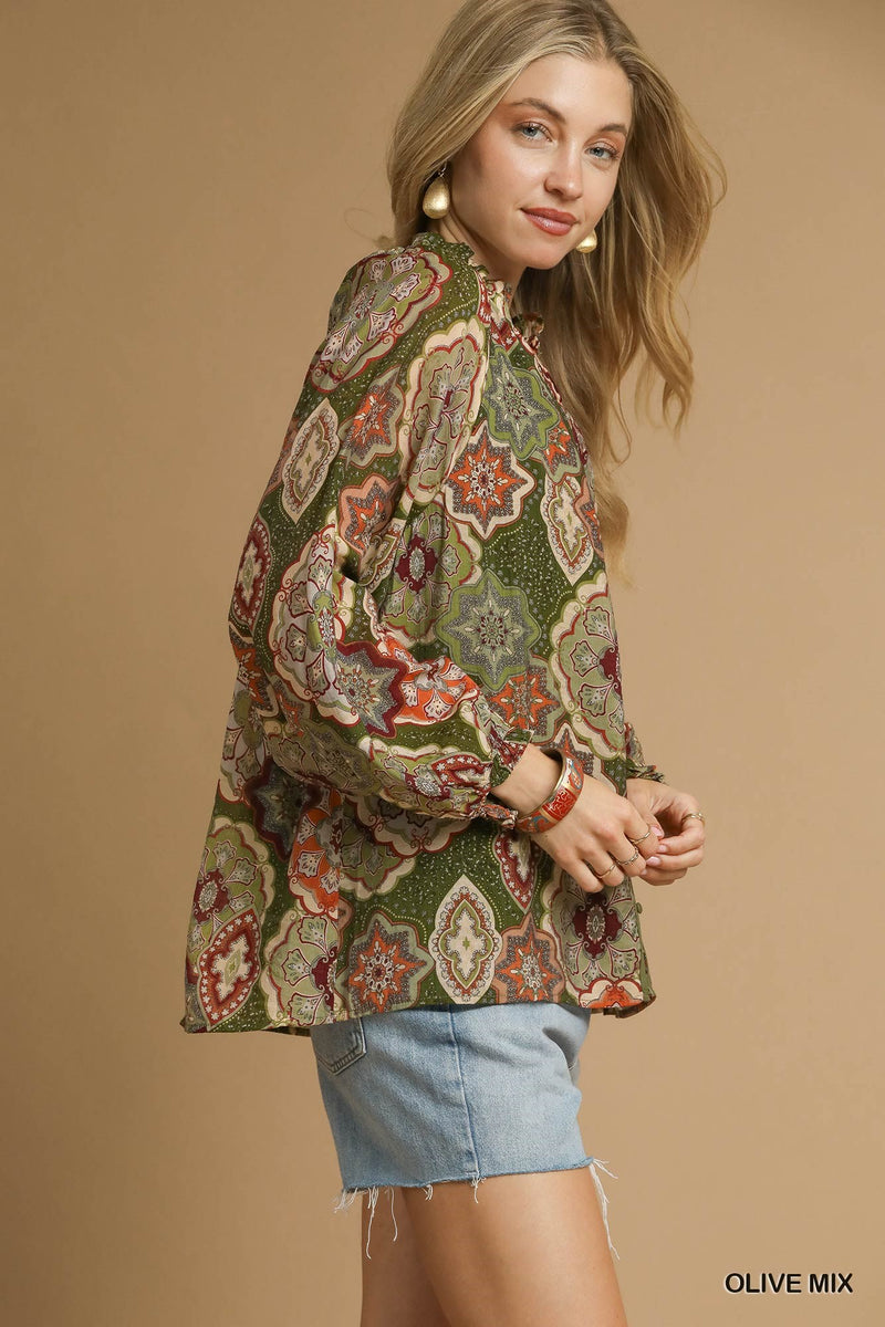 Jenna Button Down Blouse, Olive Mix