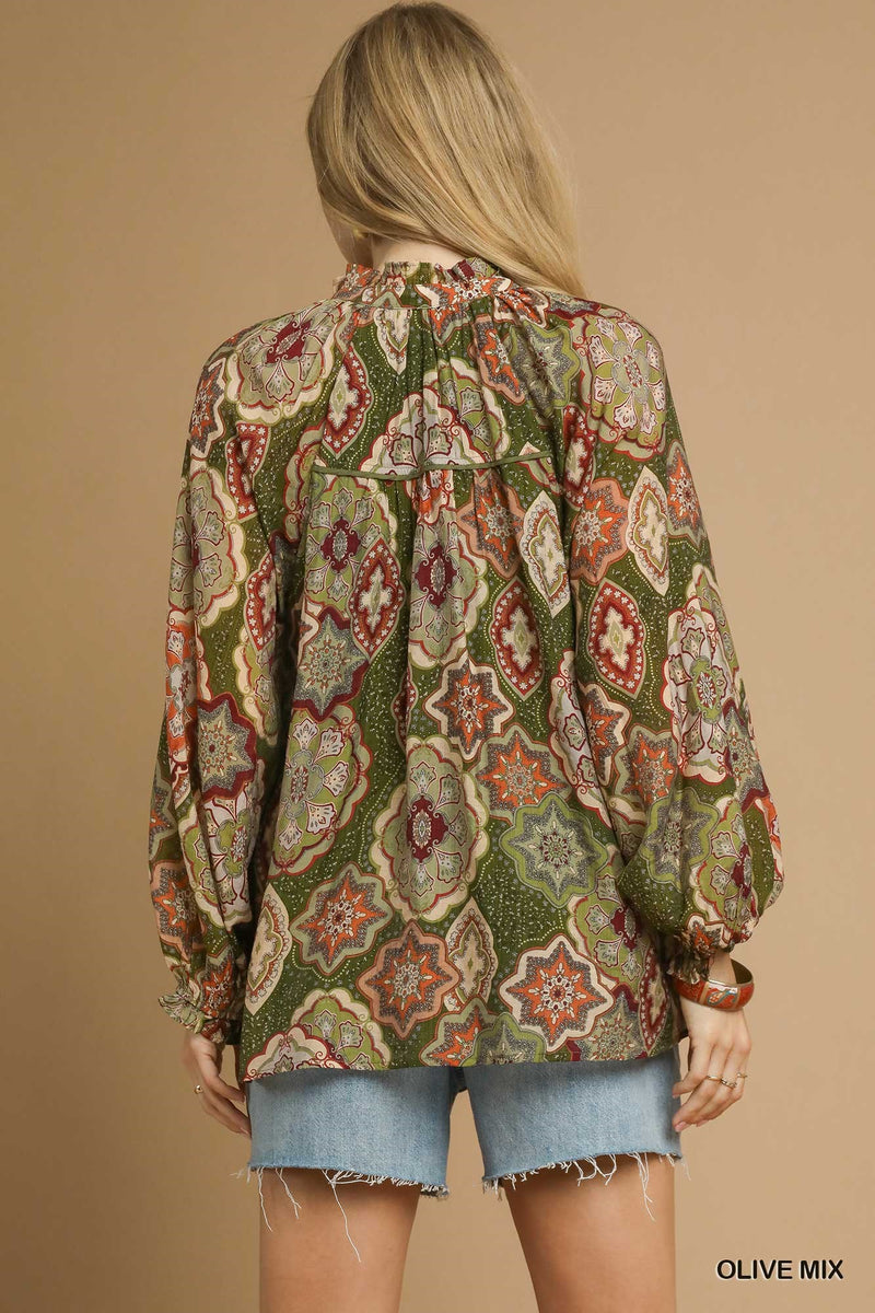 Jenna Button Down Blouse, Olive Mix