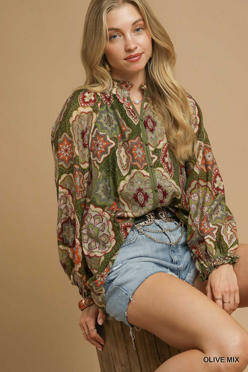 Jenna Button Down Blouse, Olive Mix