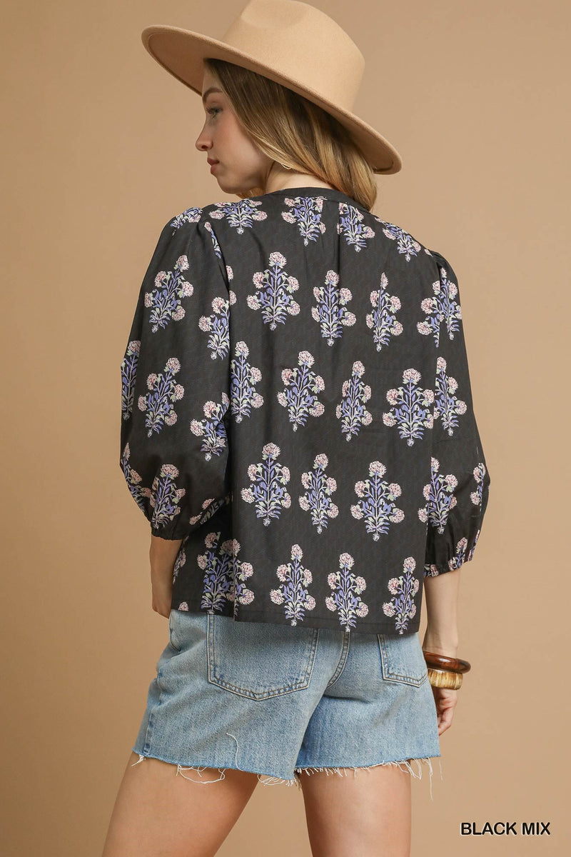 Reese Tie Neck Blouse, Black Mix