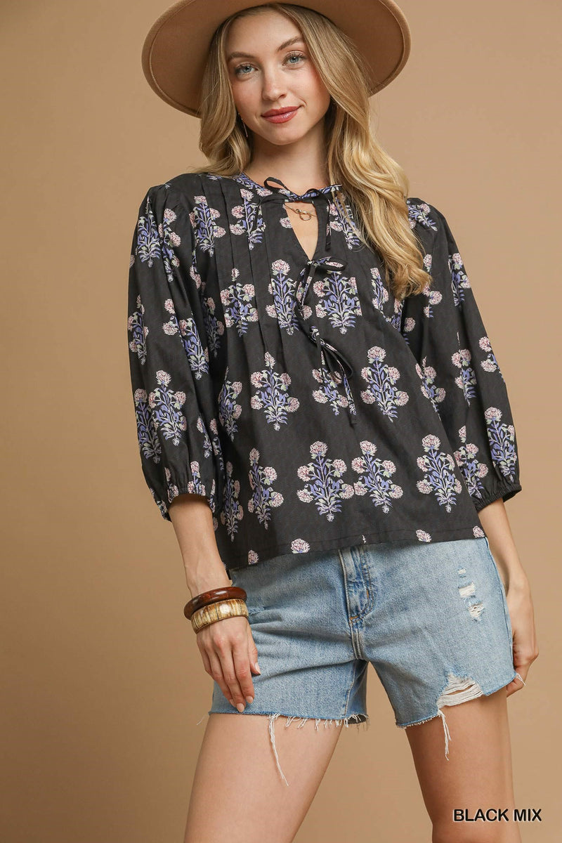 Reese Tie Neck Blouse, Black Mix