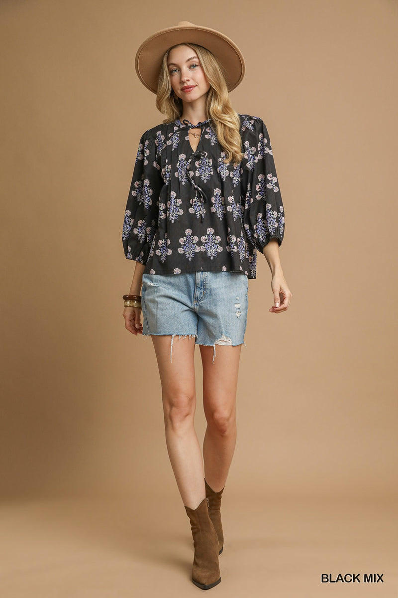 Reese Tie Neck Blouse, Black Mix