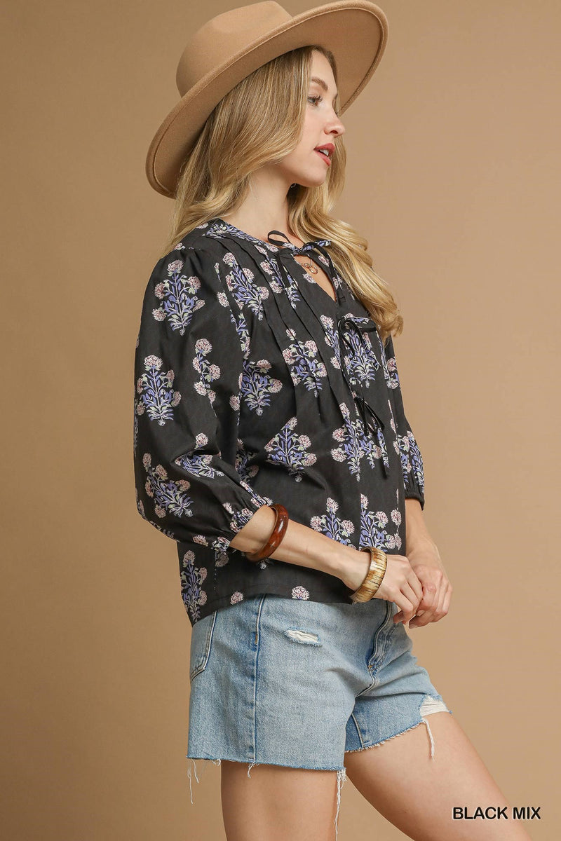Reese Tie Neck Blouse, Black Mix