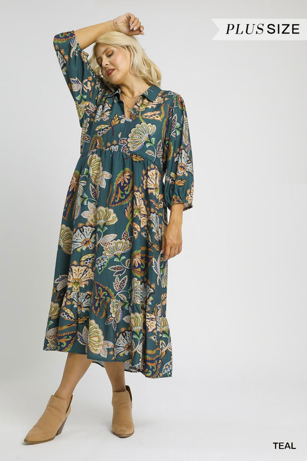 Reese Printed Half Sleeve Midi Dress, Teal | Extended Sizes