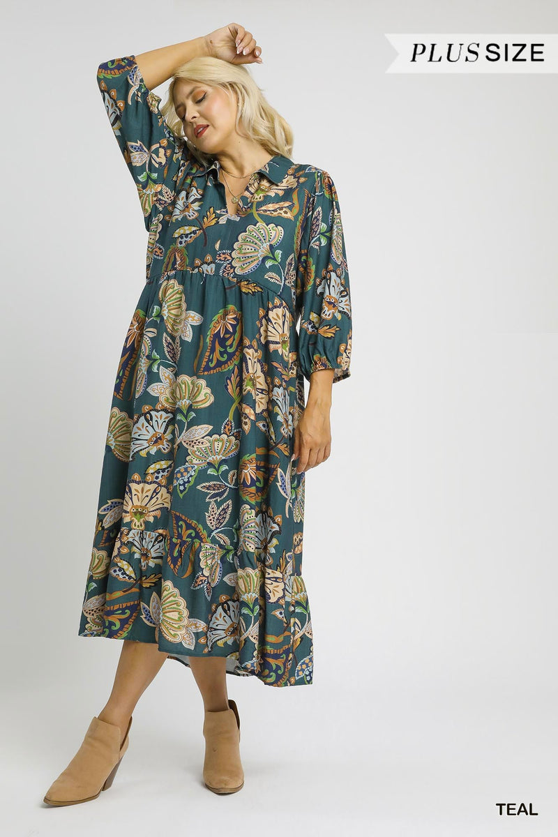 Reese Printed Half Sleeve Midi Dress, Teal | Extended Sizes