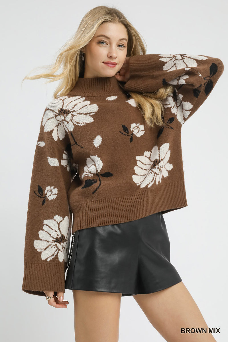 Sutton Floral Mock Neck Sweater, Brown Mix