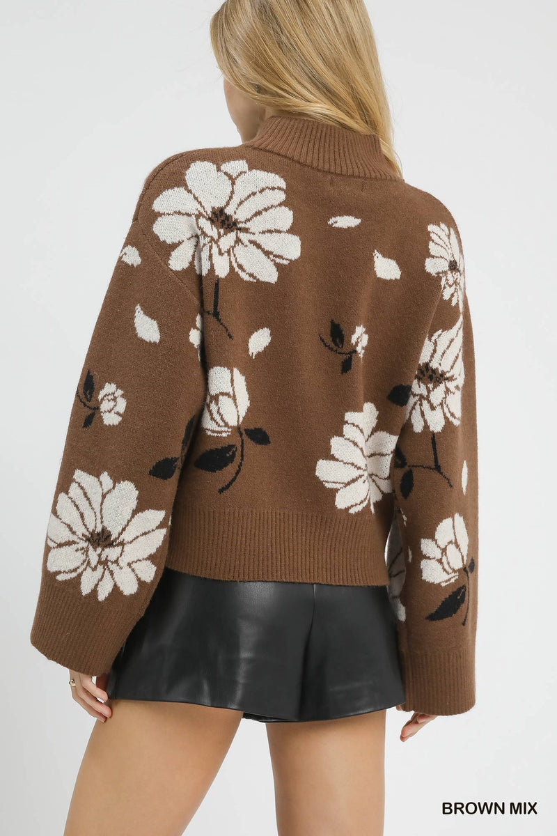 Sutton Floral Mock Neck Sweater, Brown Mix
