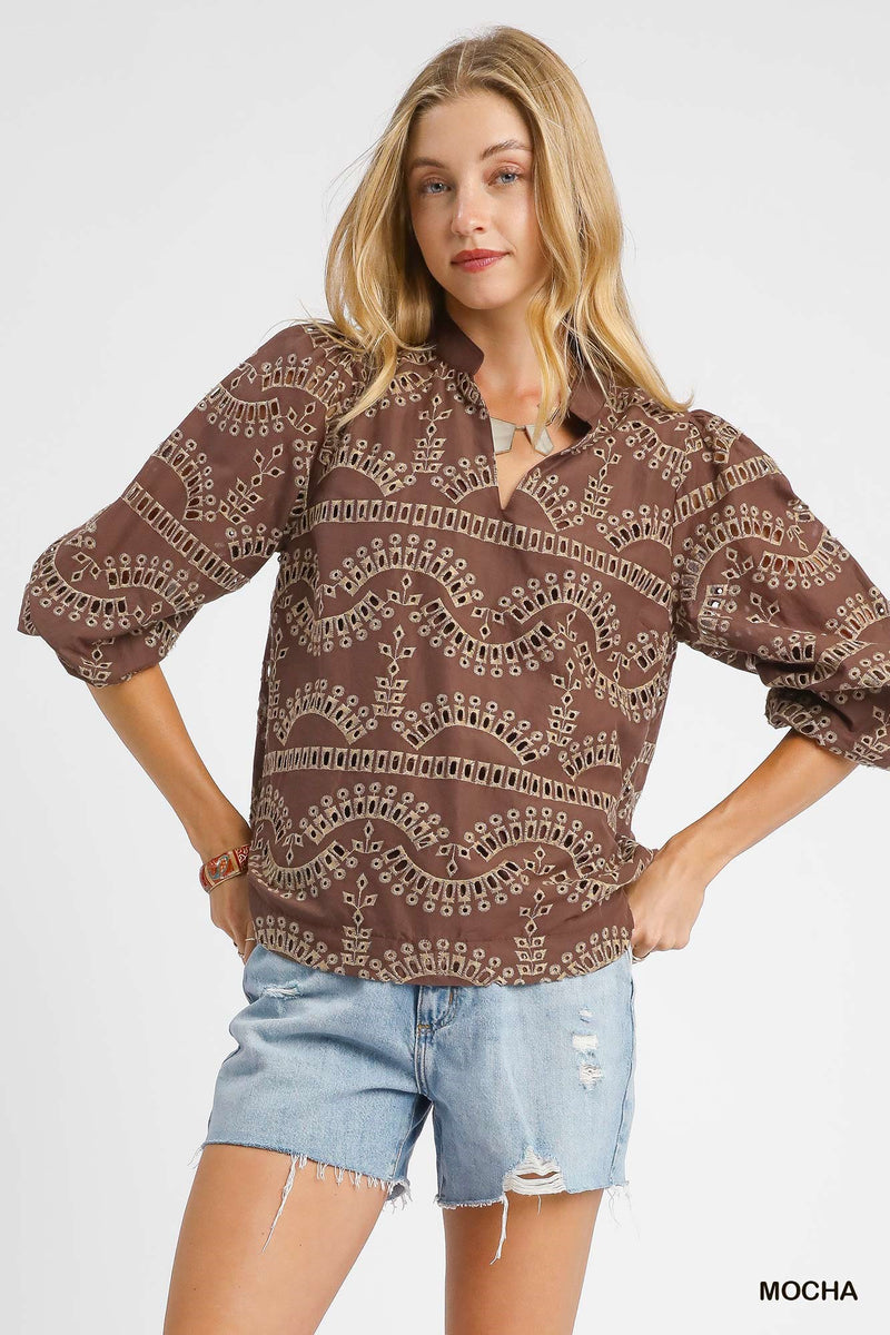 Daphne Eyelet Embroidered Blouse, Mocha