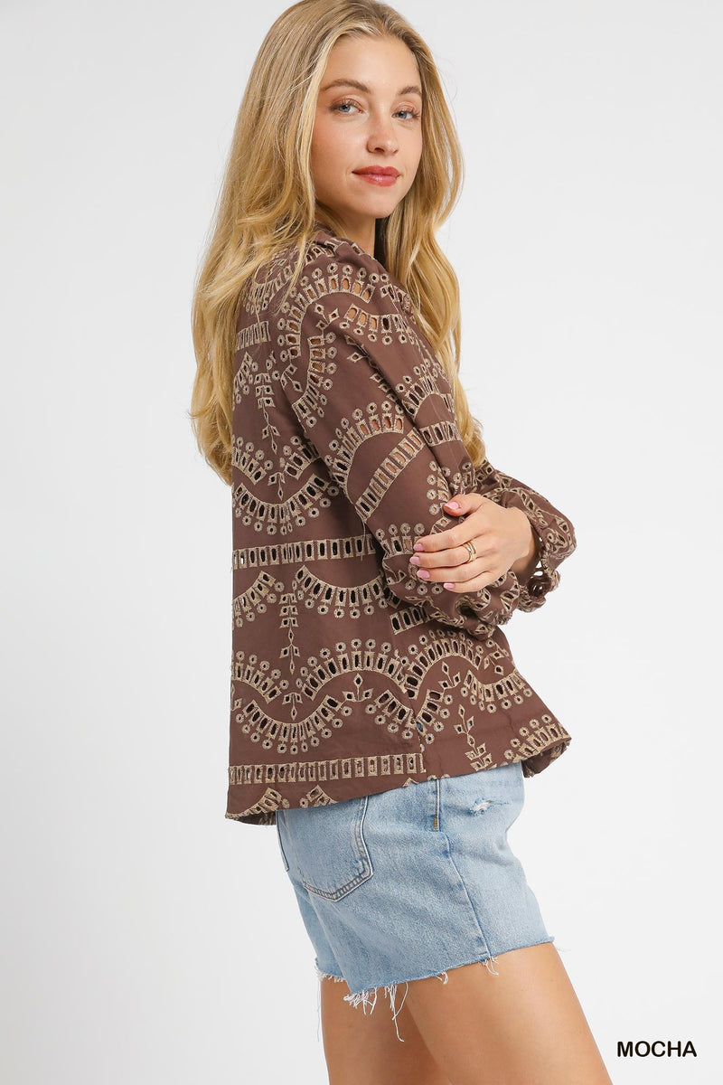 Daphne Eyelet Embroidered Blouse, Mocha