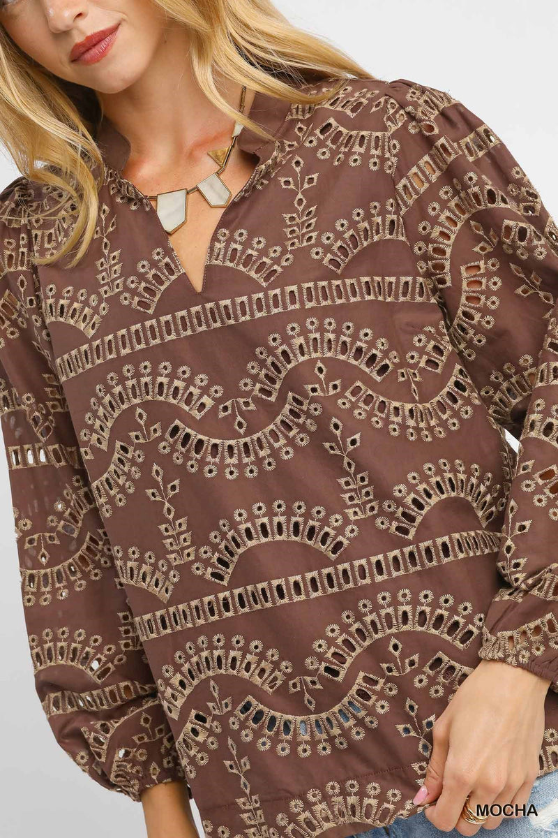 Daphne Eyelet Embroidered Blouse, Mocha
