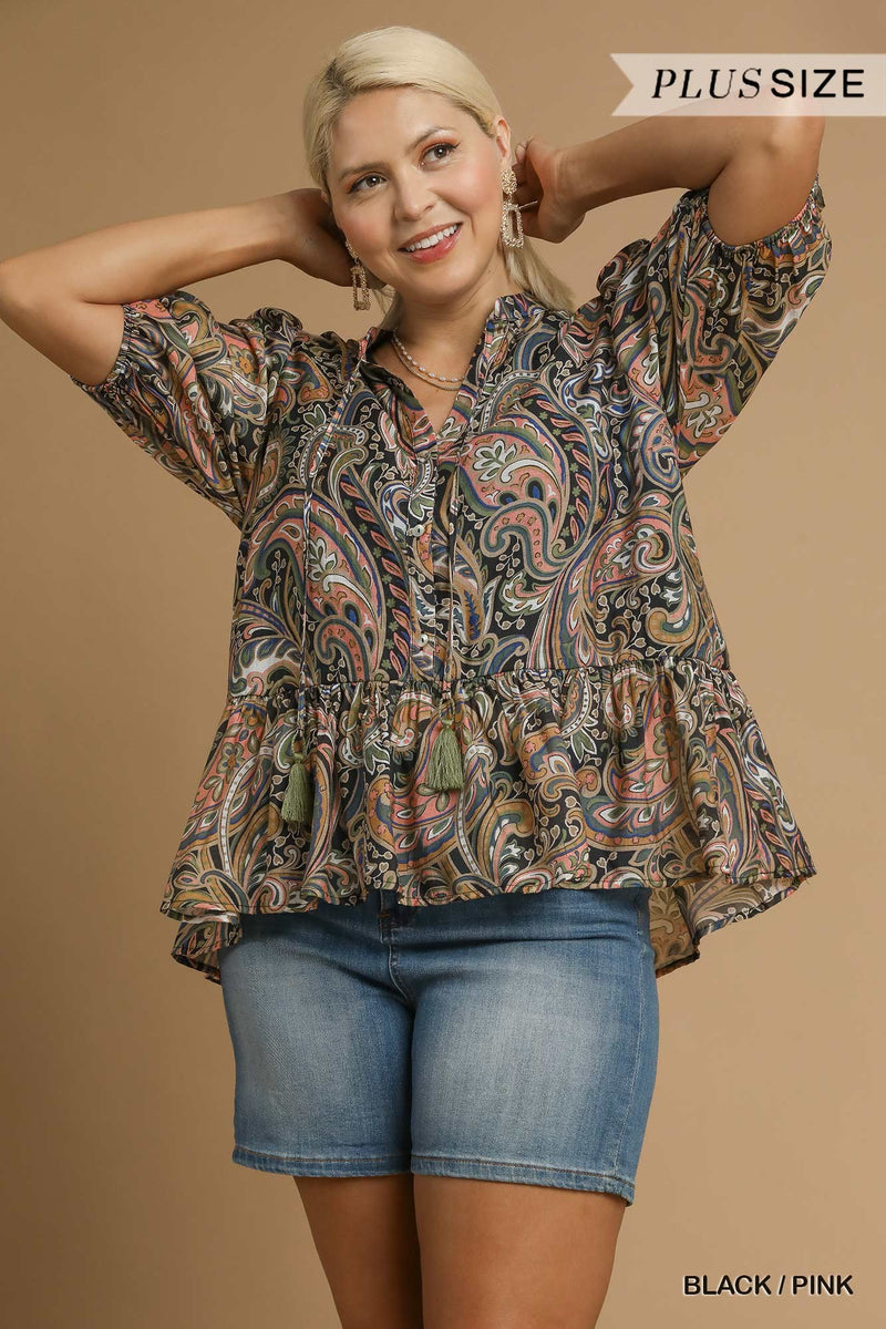 Bailey Printed Ruffle Hem Blouse, Black/Pink | Plus Size